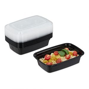 Relaxdays Meal prep containers, lot de 10, 1 compartiment, 1000 ml, micro-ondes, étanches, boîte repas, plastique, noir