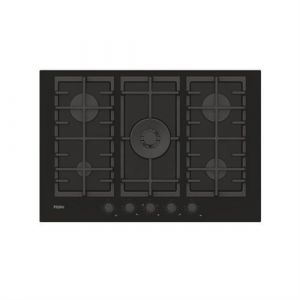 Haier Série 2 HAVG75S2B- Plaque à gaz, 5 feux, Largeur 75 cm, Puissance totale 12,9 kW, Commandes centrales, 9 niveaux de puissance, Grilles en fonte, Preci Flame, Verre Noir