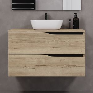 Meuble de salle de bain 90cm avec plateau et vasque &agrave; poser zeus - 2 tiroirs - sans miroir - madera miel (ch&ecirc;ne clair) - LUNA
