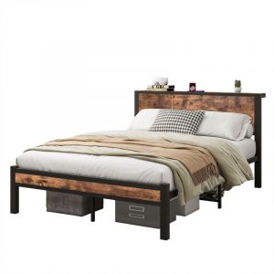 Lit 140x200 cm avec sommier métallique, tête de lit de rangement, silencieux, marron vintage