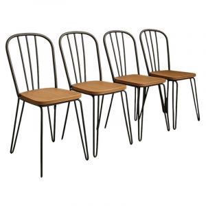 Kosmi Lot de 4 chaises en métal noir mat style industriel et assise en bois clair – Pieds en épingle