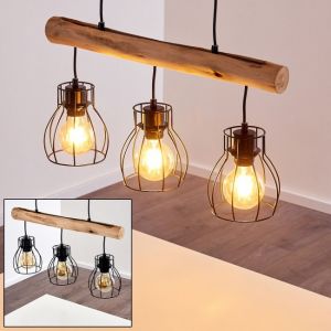 Hofstein Suspension Gondo en métal noir et bois, lampe pendante à hauteur ajustable pour 3 ampoules E27 max. 40 Watt, compatible ampoules LED