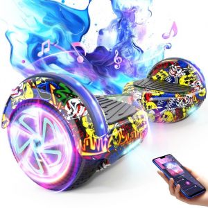 Hoverboard 6.5'' Électrique Enfant, Moteur 160w, Lumière Led, Bluetooth, Charge Maximale 70kg, Autonomie 7-8km, Graffitis Hip-Hop