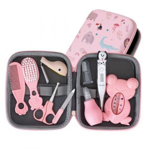 PLIC CARE - Trousse de Soin Bébé Rose – Dès la Naissance – 9 Essentiels de Soin – Thermomètre Rectal, Thermomètre de Bain, Peigne, Brosse, Lime, Mouche Bébé… - Kit Complet de Puériculture