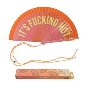 fisura – Éventail original avec message « It’s f*cking hot ». Accessoire en bois réversible tendance et vibrant. Ventilateur main dégradé rose orange. Crochet inclus. 42,5 x 23 cm