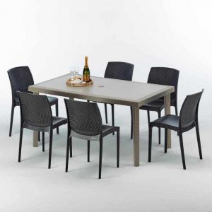 Grand Soleil Table rectangulaire et 6 chaises Poly rotin resine ensemble bar caf&egrave; exterieur 150x90 Beige | Boheme Anthracite noir