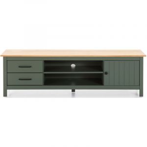 Image de Pegane Meuble TV en pin massif d&eacute;cor cir&eacute; ch&ecirc;ne et vert, meuble de rangement - Longueur 158 x Profondeur 40 x Hauteur 47 cm -