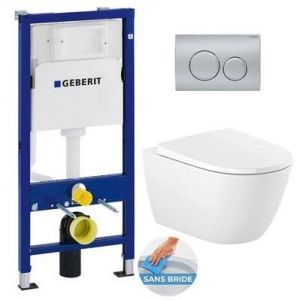 Geberit Pack wc Bâti UP100 + Cuvette Roca Ona sans bride fixations invisibles + Plaque chrome mat (OnaGeb9)