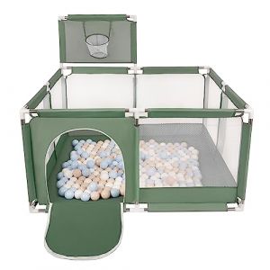 Image de Selonis Parc Bébé Avec 100 Balles Plastiques Aire De Jeu Pliable Basket, Vert : Beige Pastel/Bleu Pastel/Blanc - vert : beige pastel/bleu pastel/blanc