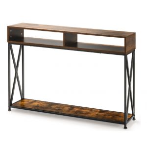 Table console Coast 120 x 23 x 79 cm - Rustic Brown avec rangement ouvert et cadre en X en acier