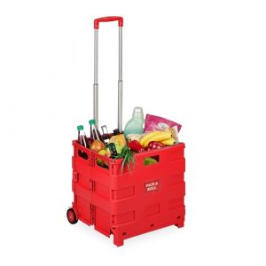Relaxdays Chariot de Courses Pliable, 2 Roues, poignée téléscopique, jusqu'à 35 kg, Poussette de marché, Rouge