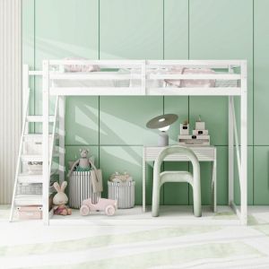 Lit mezzanine enfant 140x200 cm, lit mezzanine ados avec échelle de sécurité et sommier à lattes, cadre de lit en bois, blanc