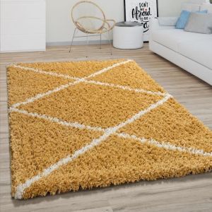 Paco Home Tapis Poils Longs Salon Shaggy Motif Losanges Scandinave, Moderne Jaune 200 cm rond