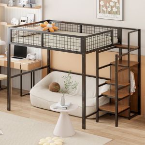 Lit mezzanine 90x200cm, escalier avec rangement, lit enfant, en bois, sans matelas, lit simple, blanc