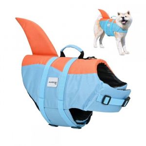 Mobiclinic, Gilet de Sauvetage Chien, Design Aileron de Requin, Poignée de Sauvetage, Harnais Réglable, Anneau de Laisse, Flottabilité et Visibilité Élevées, Sharky, Léger, Natation, Surf, Voile (L)