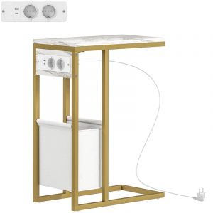 Homcom Table d'appoint avec station de charge secteur + usb - panier tissu intégré - acier doré effet marbre blanc
