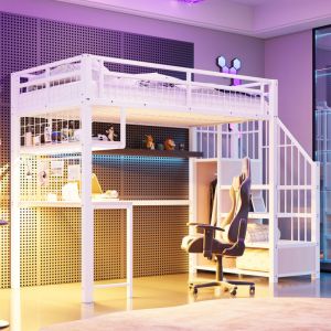 Lit mezzanine m&eacute;tal 90x200 avec bureau, LED & prises, escalier rangement, armoire,Blanc