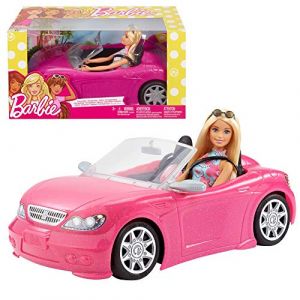 Image de Mattel Voiture Cabriolet Rose, décapotable avec deux sièges noirs, ceintures et rétroviseurs argentés, poupée incluse, jouet pour enfant, FPR57