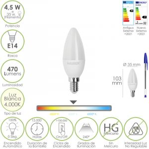 Maurer Bombilla Led Vela Rosca E14. 4,5 Watt. Equivale a 30 Watt. 470 Lumenes. Luz Neutra (4000&ordm; k.)
