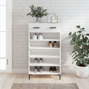 VidaXL Armoire à Chaussures, Étagère à Chaussures avec Tiroir et Pieds, Meuble à Chaussures avec 5 Compartiments Salon, Blanc Brillant Bois Ingénierie