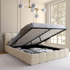 Idmarket Lit coffre double NUAGE avec t&ecirc;te de lit matelass&eacute;e et sommier 160 x 200 cm velours beige