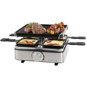 Proficook Raclette pour 4 personnes | 4 po&ecirc;lons et 4 spatules en bois inclus | Plaque r&eacute;versible pour une r&eacute;partition homog&egrave;ne de la chaleur | Thermostat r&eacute;glable en continu | 800 W | PC RG 1301