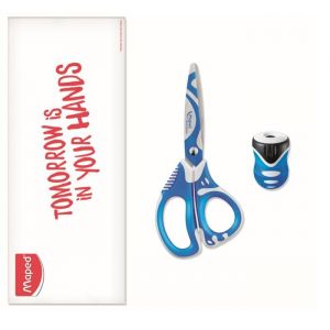 Maped Lot de 1 Ciseaux Zenoa Fit Bleu avec Anneaux Souples + 1 Taille-Crayons Clean Grip avec Réservoir 1 Trou Bleu