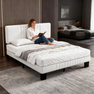 Lit Adulte 2 Personnes 140x190 CM Structure Solide avec Sommier à Lattes Bois Tête Rembourrée Velours Facile à Assembler Élégant