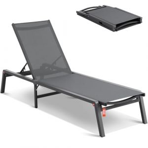 VEVOR Chaise Longue Jardin extérieur, transat de Patio Pliable en Aluminium avec 5 Positions réglables, Chaise inclinable de Bronzage entièrement Plate pour Plage, Piscine, en Plein air, Gris foncé