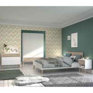 Image de Parisot Chambre complète - AALBORG - Scandinave - Blanc / Chêne - Lit 160 x 200 cm 2 chevets commode armoire