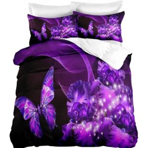 Image de Ideko Parure de lit 220x240cm 2 personnes Papillon et fleurs violettes 3D effet 3 pieces 1 housse de couette avec 2 taies d'oreillers 63x63cm