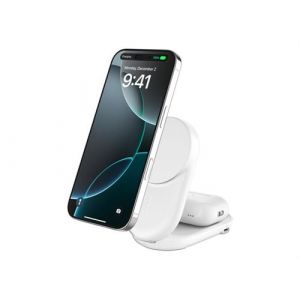 Belkin UltraCharge Socle de Recharge 2-en-1 Aimant&eacute;e et Pliable avec Qi2 (Blanc)