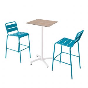 Oviala Ensemble table haute chêne naturel et 2 chaises bleu pacific