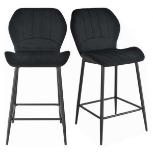 Meubletmoi - Lot 2 chaises de bar en velours noir et pieds en m&eacute;tal - emilio 2