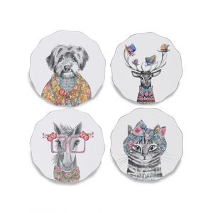 Mikasa X Tipperleyhill Lot de 4 Dessous de Verre avec Motif Festonné, Protection de Table pour Boissons, Résistant à la Chaleur Jusqu'À 120 °C, Imprimé Animal, 12 cm, Boîte Cadeau