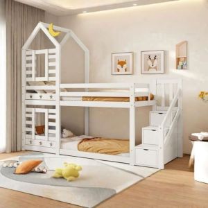 Image de Lit superposé enfant - 2 places - Bois de pin massif - Avec échelle et tiroir - Certifié EN747 - Blanc