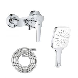 Image de Grohe Mitigeur douche Start 2021 monocomande + Flexible de douche Twistfree VitalioFlex Silver 2000 chromé + Douchette Vitalio 3 jets Smartactive rectangulaire