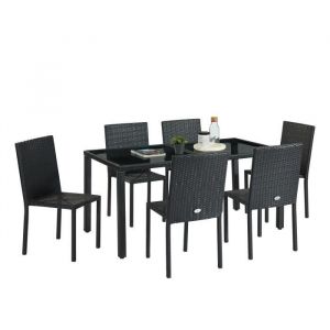 TABLECHAIR2 Ensemble repas de jardin table 160x80cm avec en verre tremp&eacute; et 6 chaises en r&eacute;sine tress&eacute;e Beau Rivage
