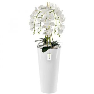 Orchid&eacute;e artificielle bouquet de fleurs blanches feuilles galets pot haut Blanc H 110 cm v2