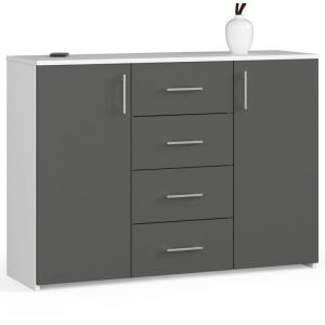 Akord - Commode K45 Blanche 110 cm 2 portes 4 tiroirs façade Gris Graphite 4 étagères 110x35x80 cm
