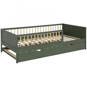 Lit gigogne enfant 90 x 190 cm pin naturel avec sommier &agrave; lattes et tiroir vert - Elio