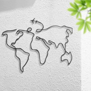 Décoration Murale en Métal Carte du Monde, Line Art Carte Du Monde Murale Metal - 80 x 60 cm - DEKORY