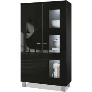 Image de Vitrine Armoire haute Commode Denjo en Noir mat - haute brillance - Porte en Noir haute brillance avec éclairage led - Porte en Noir haute brillance