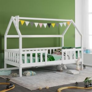 Lit Cabane Lit Enfant Jeunesse 160x80 Avec Protection Antichute, Lit Polyvalent En Bois Pour Garçons Et Filles, Avec Fenêtre Antichute Et Sommier À Lattes,Blanc
