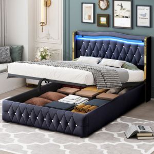 Lit coffre 140x200 cm - JAERLIUB - Lit double - LED multicolores - Rangement hydraulique - Tissu velours noir