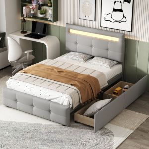 Lit avec tiroirs Lit enfant capidonné 90 x 200 cm avec led et 2 tiroirs, lin, gris