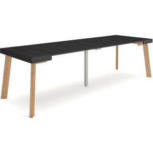Skraut Home - Table console extensible, Console meuble, 260, Pour 12 personnes, Pieds en bois, Style moderne, Noir