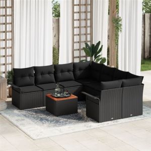 Ensemble de Canap&eacute; de Jardin 9 Pi&egrave;ces avec Coussins Noir Poly Rattan Acacia