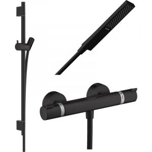 Hansgrohe Pack mitigeur douche thermostatique Ecostat Comfort + Barre Unica S Puro + flexible + Pommeau Pulsify E noir mat