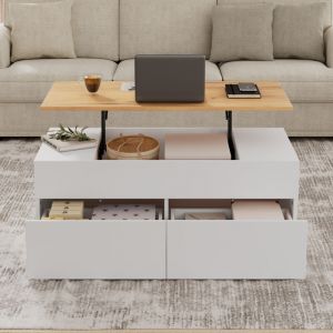 Table basse relevable 100 x 50 x 40 cm - Avec 2 tiroirs - MDF - Blanc + Naturel
